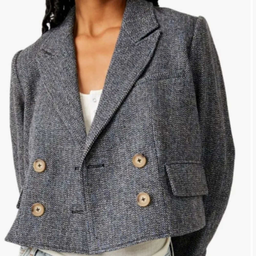 Free People Gray Double-Breasted Blazer